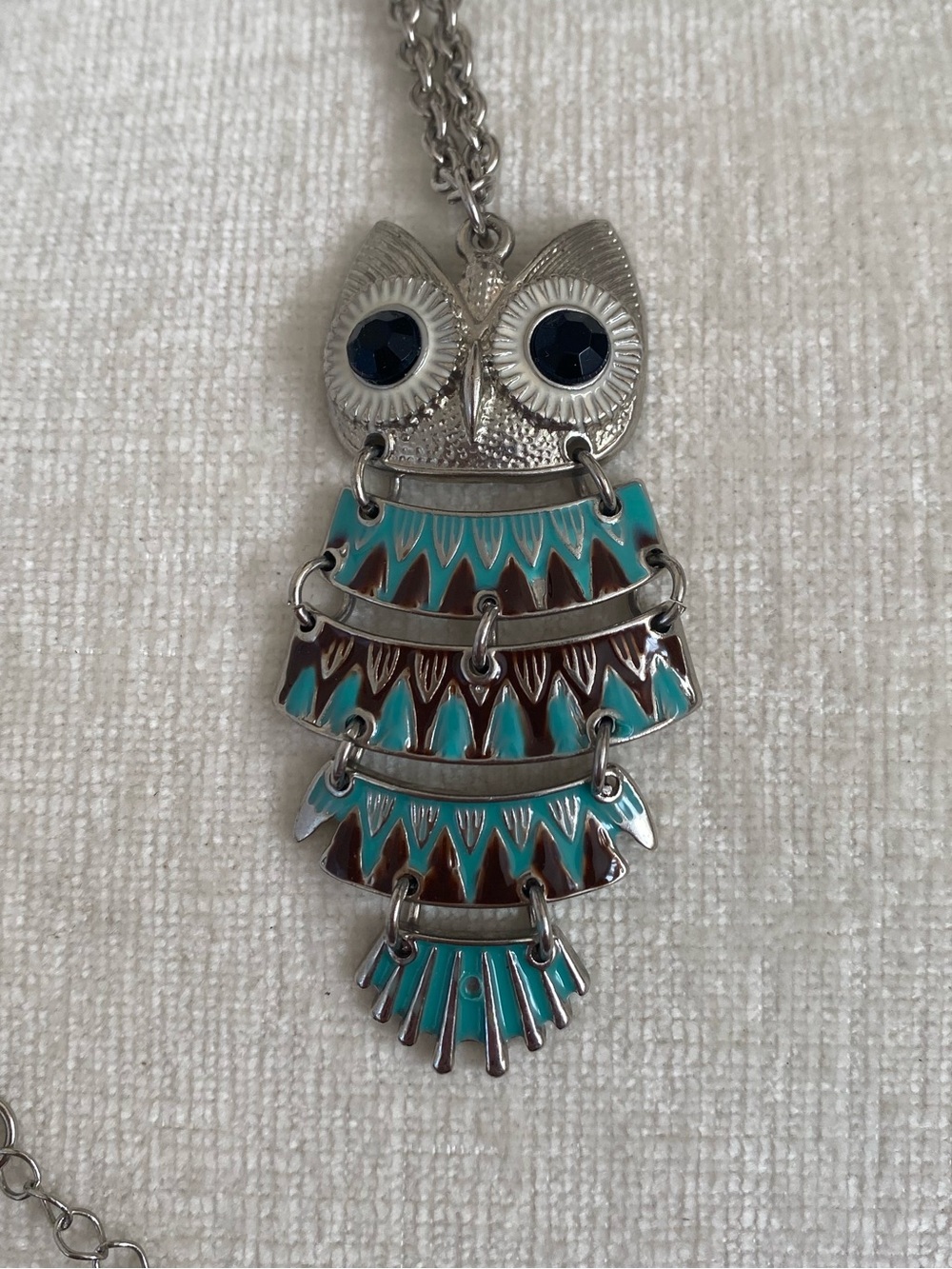 Silver Owl Pendant Necklace with Turquoise and Brown Enamel 34” inches